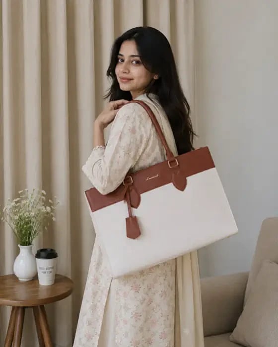 Premium 4-in-1 Elegant Tote Bag(white with Brown)-LTB-1