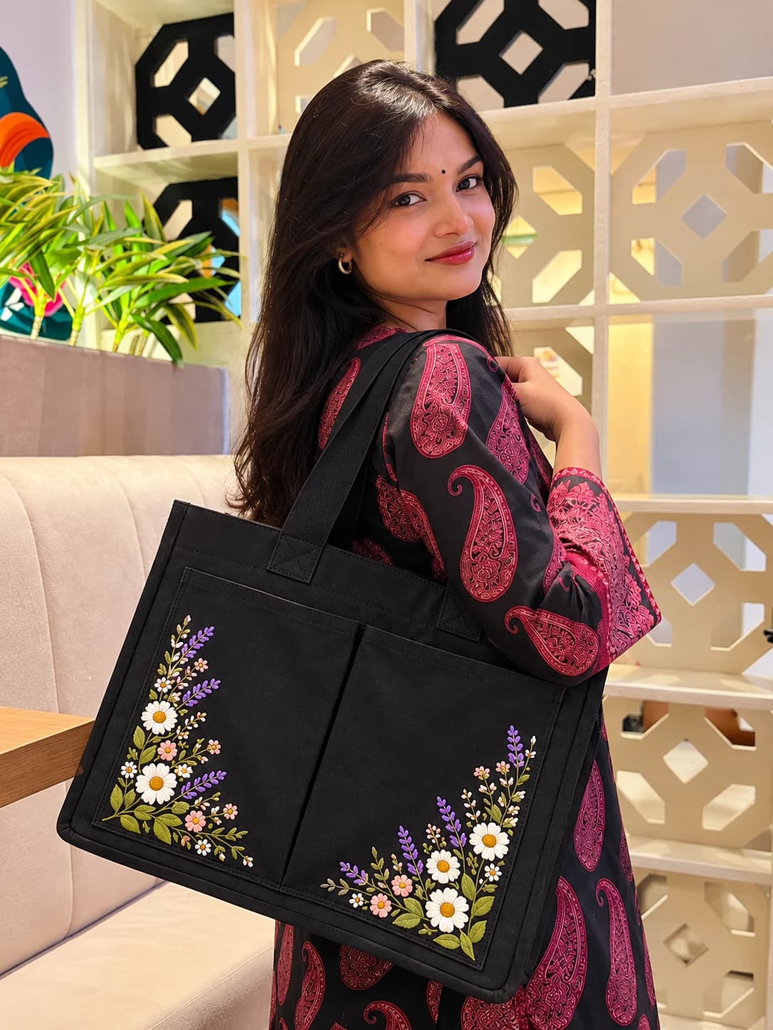 Blossom Canvas Tote Bag-Black Thumbnail 2