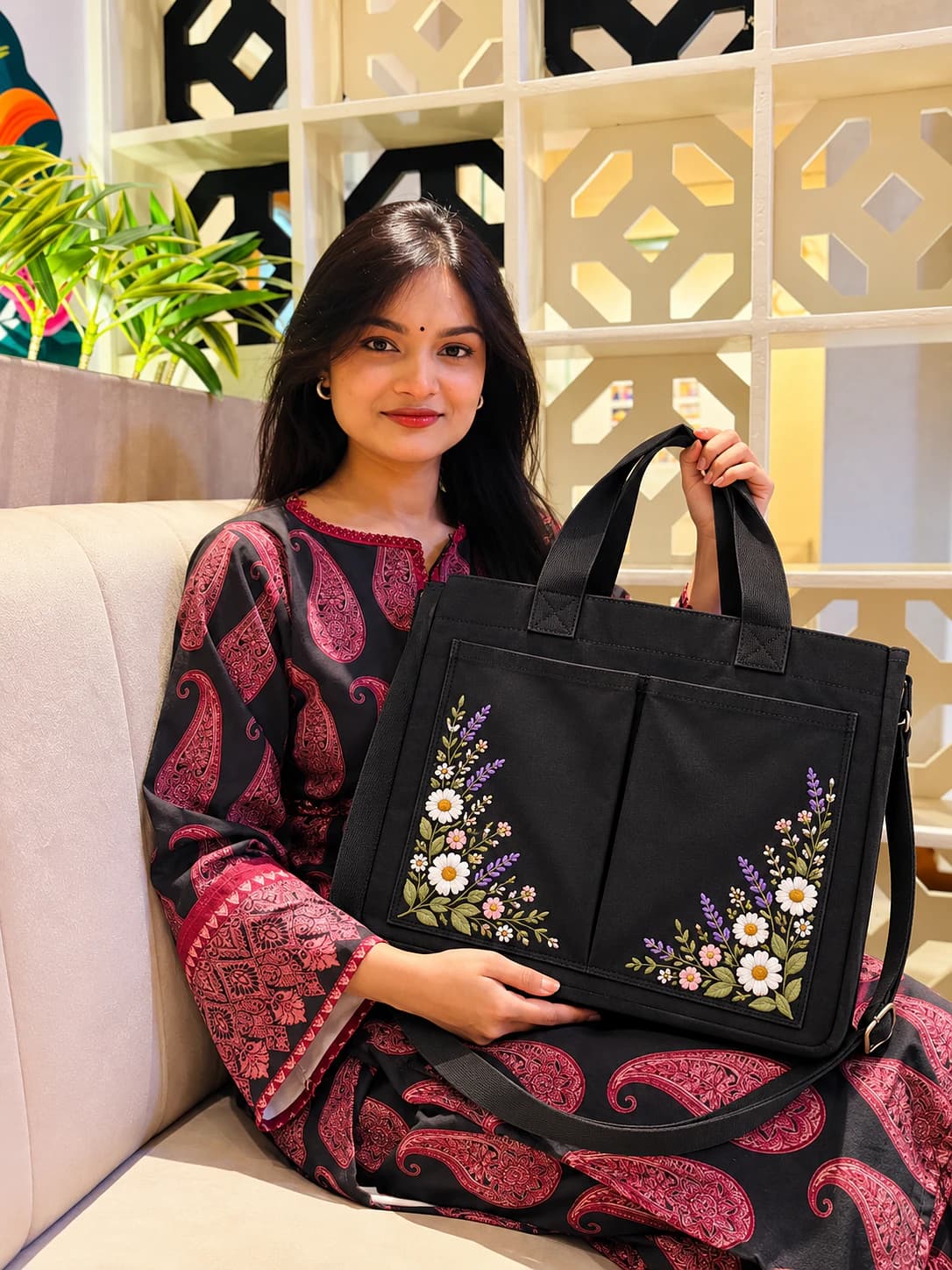 Blossom Canvas Tote Bag-Black Thumbnail 3