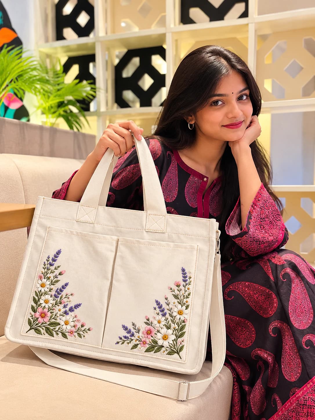 Blossom Canvas Tote Bag-White Thumbnail 2