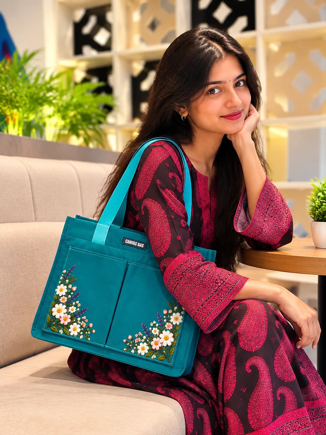 Blossom Canvas Tote Bag-Teal Thumbnail 1