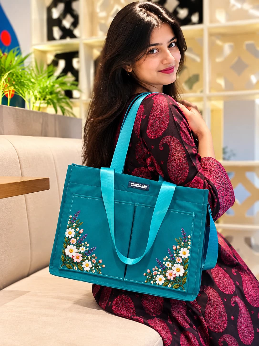 Blossom Canvas Tote Bag-Teal Thumbnail 2