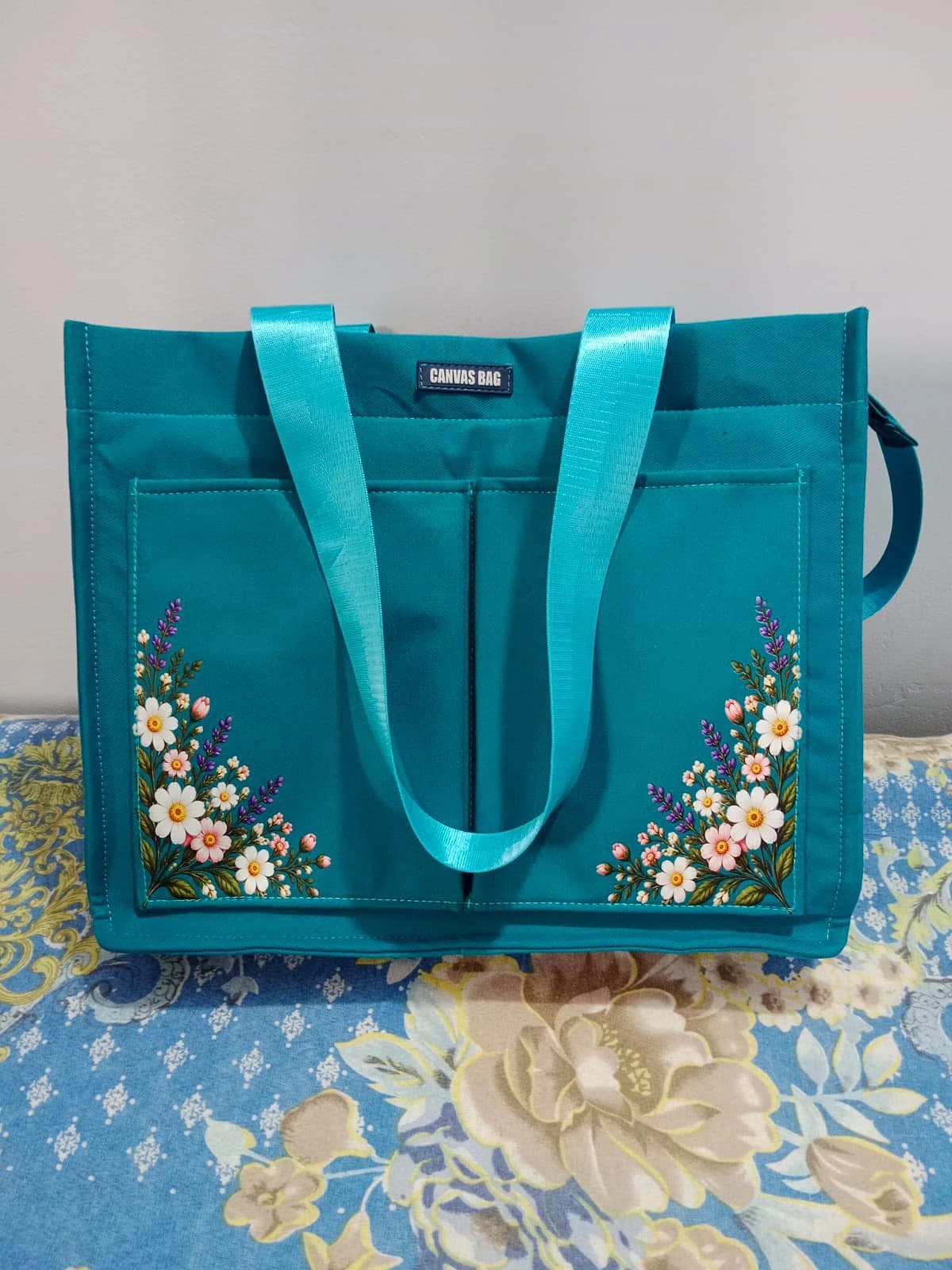 Blossom Canvas Tote Bag-Teal Thumbnail 3