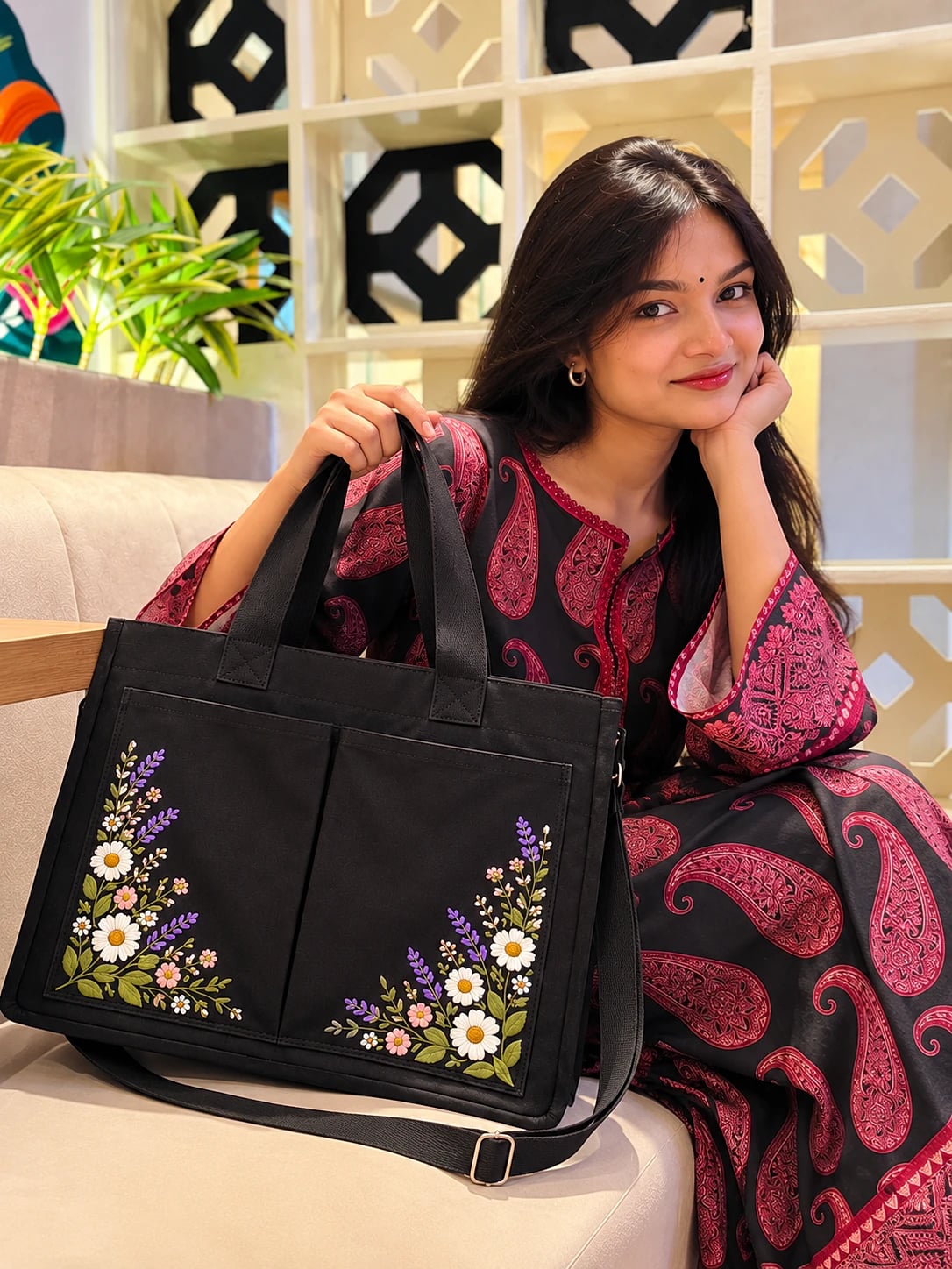 Blossom Canvas Tote Bag-Black