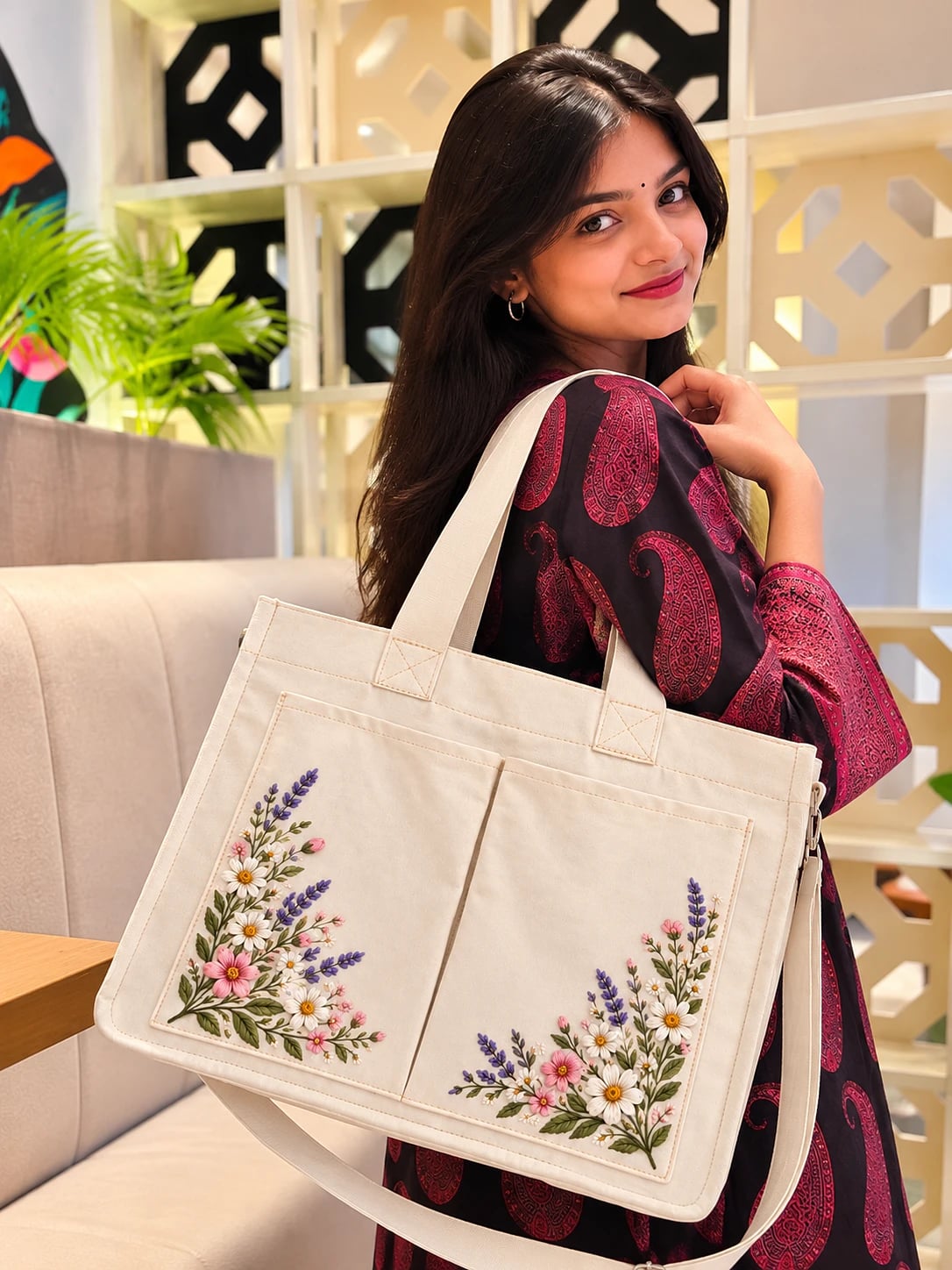 Blossom Canvas Tote Bag-White